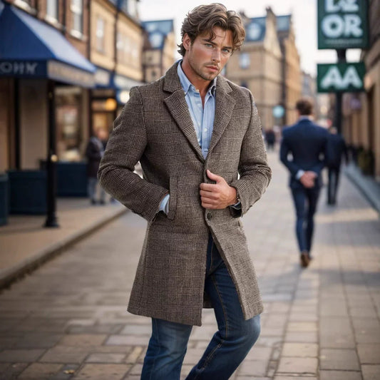 Edouard | Overcoat Homme Regular Fit en Laine Mélangée à Carreaux avec Doublure Matelassée et Col Revers