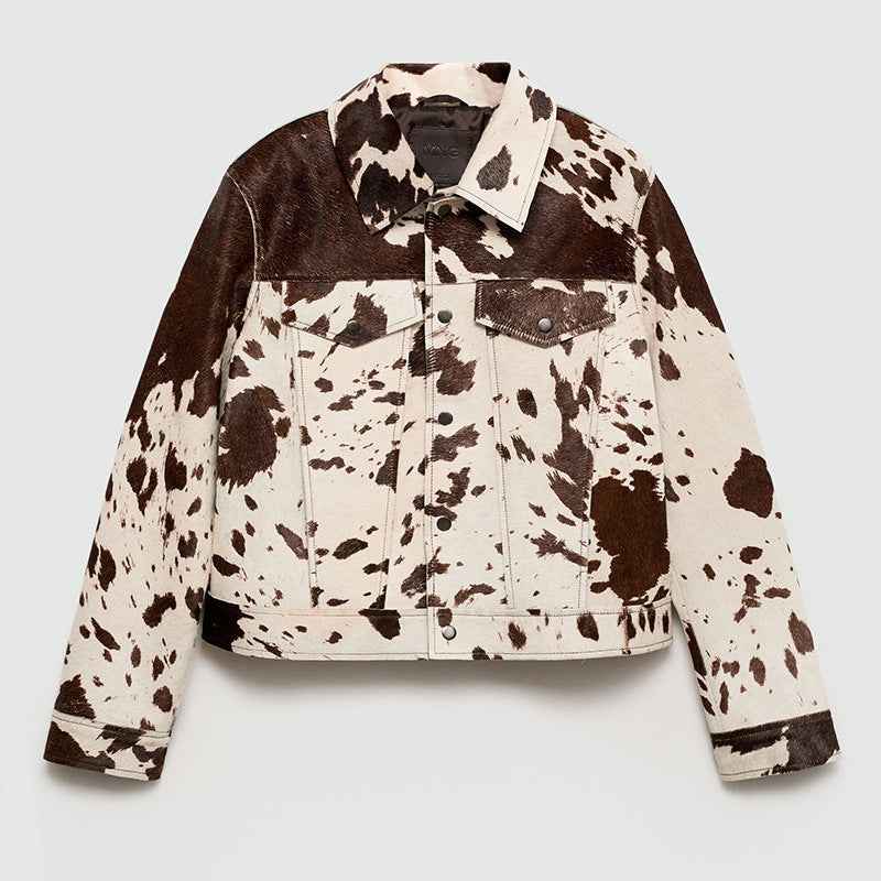 Cerise | Veste Femme Imprimé Vache Col Revers Boutons-Pression Stylée