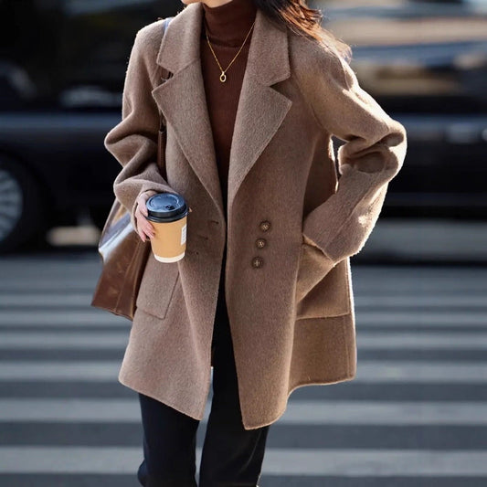 Fauvette | Manteau Femme Marron Mi-Long, Coupe Décontractée, Boutonné, Poches Plaquées