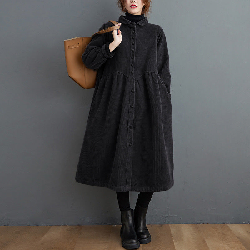 Isabeau – Manteau Femme Long en Velours Côtelé, Coupe A-Ligne Ample, Col Montant, Fermeture Boutonnée Midi