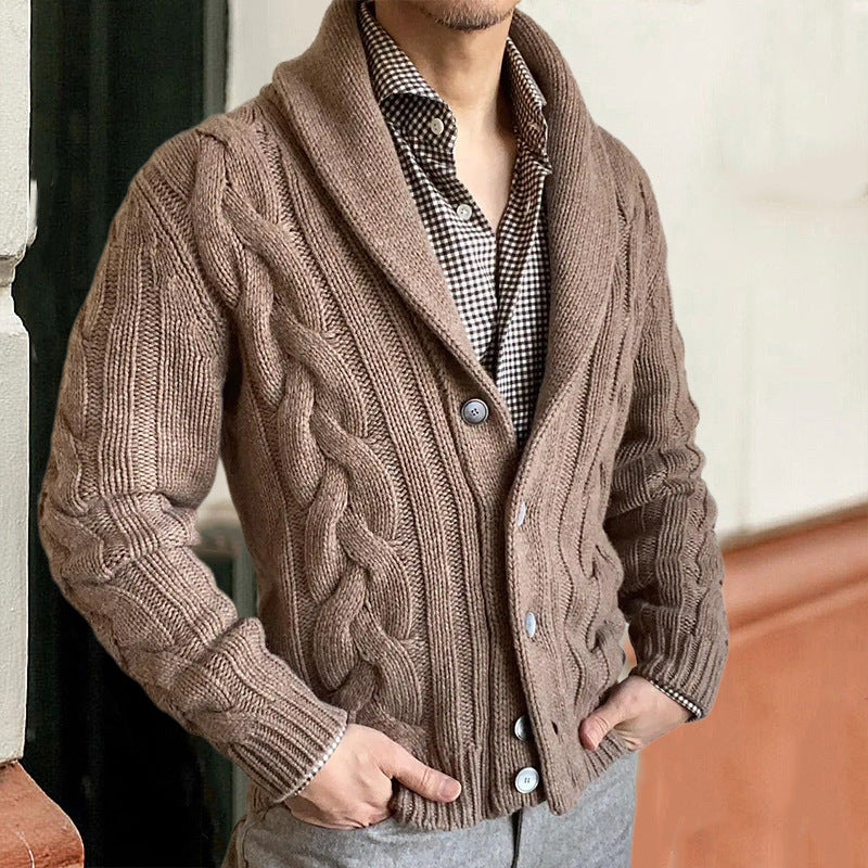 Men’s Chunky Knit Jacket | Gilet Homme en Gros Tricot avec Motif Zopfs et Col Moderne