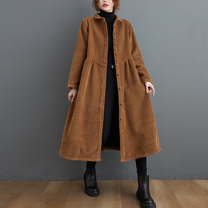 Isabeau – Manteau Femme Long en Velours Côtelé, Coupe A-Ligne Ample, Col Montant, Fermeture Boutonnée Midi
