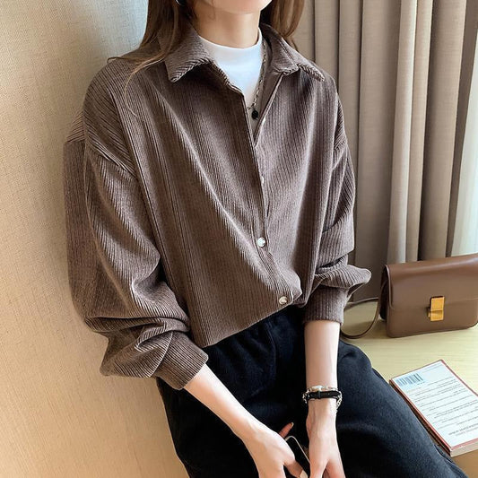 Brigitte | Chemise Femme à Manches Longues en Velours Côtelé Boutonné