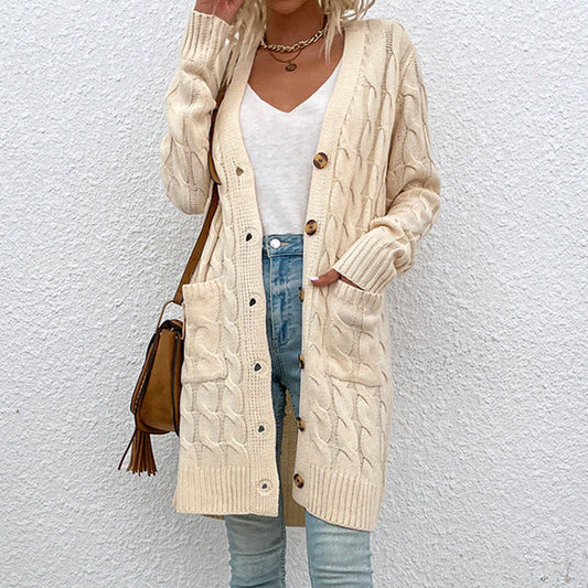 Albane | Cardigan Long Boutonné en Maille Texturée avec Poches pour Femme