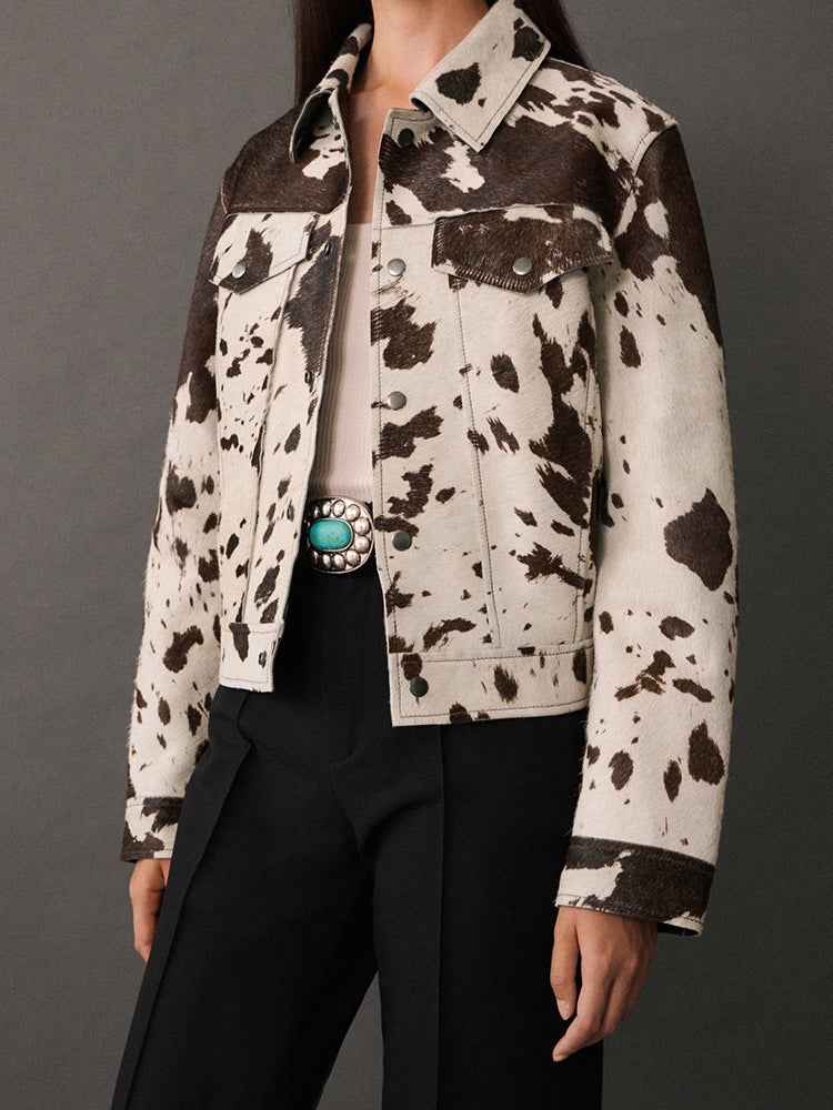 Cerise | Veste Femme Imprimé Vache Col Revers Boutons-Pression Stylée
