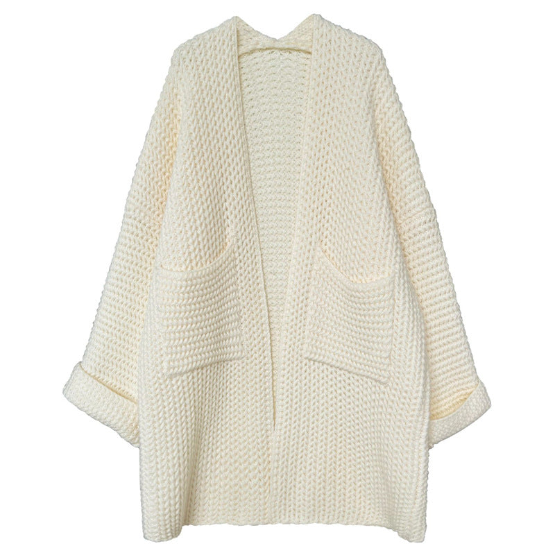 Cardigan Long Femme | Gilet Tricoté avec Poches et Motif Torsadé