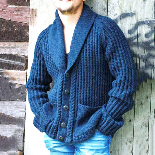 André | Cardigan Homme Bleu en Laine Tricotée avec Col Châle, Coupe Relax et Fermeture Boutonnée