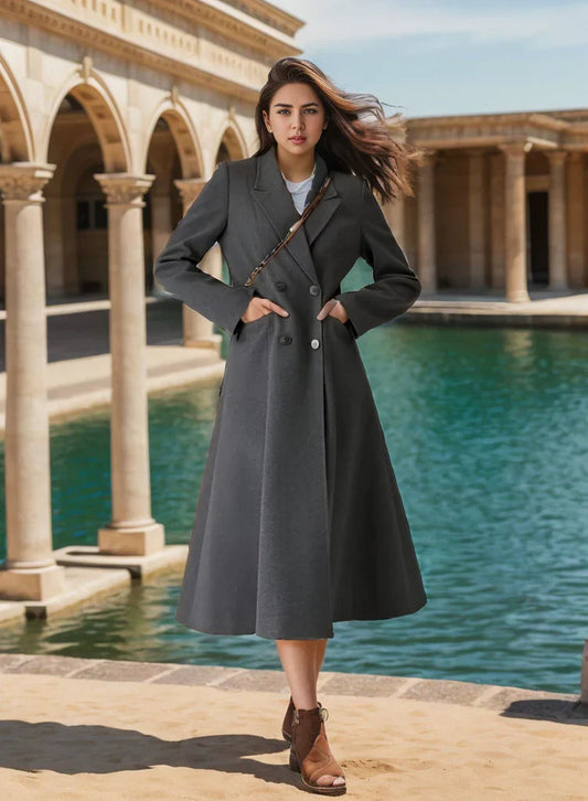 Floriane | Manteau Long Femme Laine Mélangée Cintré Double Boutonnage Col Classique