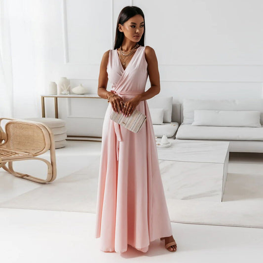 Fantine | Robe Maxi Femme Élégante Sans Manches Ceinture Taille Col V
