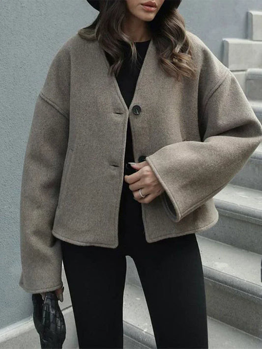 Florine | Manteau Femme Oversize Boutonné Coupe Décontractée Tissu Effet Laine Manches Larges Col V Sans Col