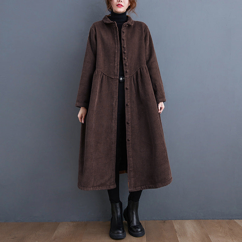 Isabeau – Manteau Femme Long en Velours Côtelé, Coupe A-Ligne Ample, Col Montant, Fermeture Boutonnée Midi