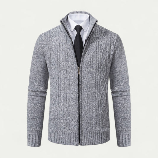 Finley | Cardigan Homme Zippé en Maille Torsadée avec Col Haut et Ourlet Côtelé