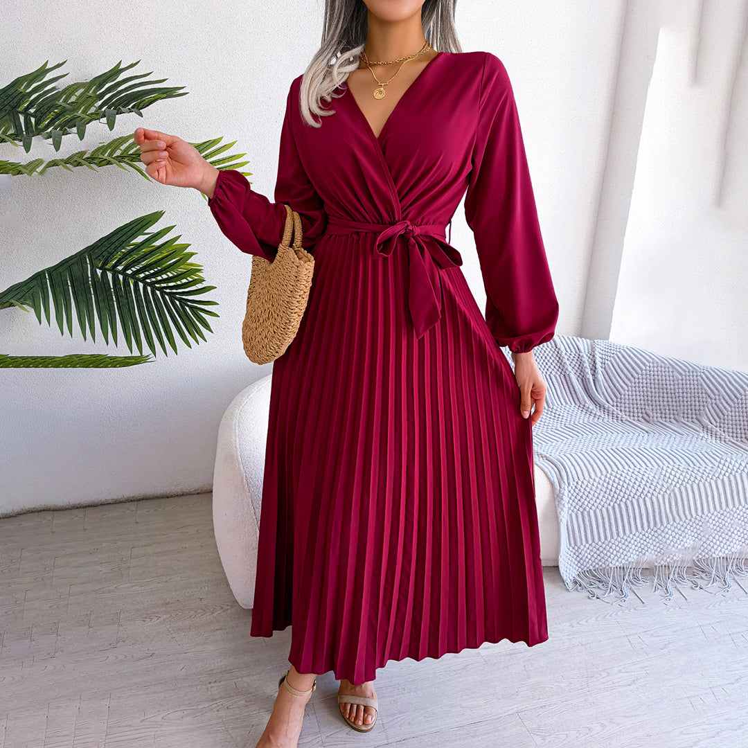 Annette | Robe longue plissée élégante avec ceinture à nouer et manches bouffantes