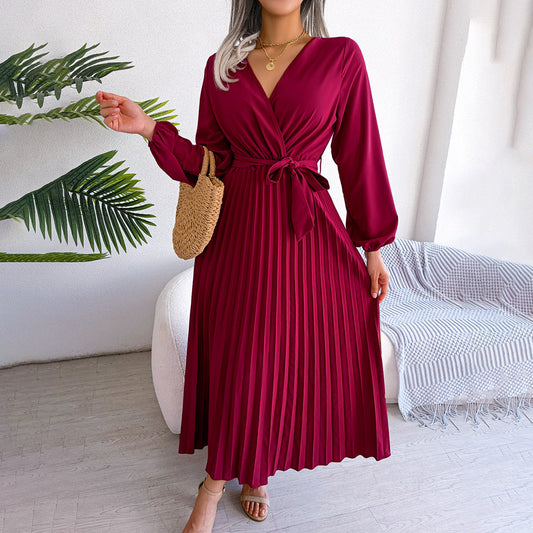 Annette | Robe longue plissée élégante avec ceinture à nouer et manches bouffantes
