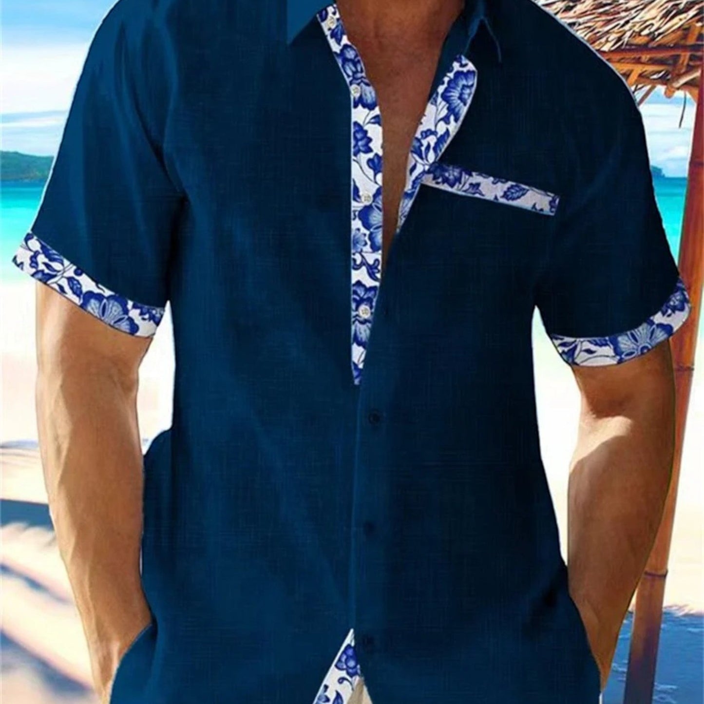 Niklas | Chemise Homme Été Lin Confortable Unie avec Détails Floraux Bleus Col Revers Boutonné