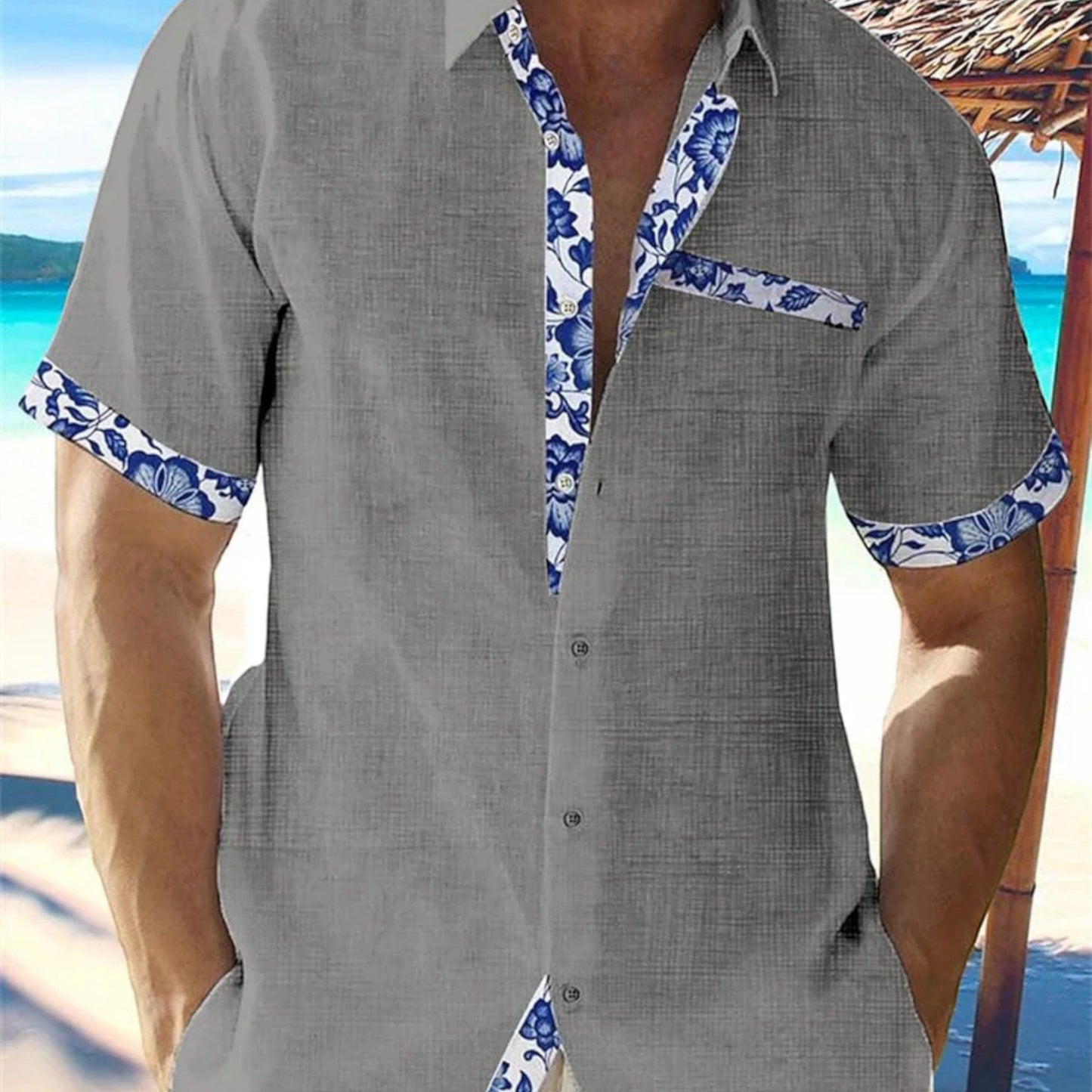 Niklas | Chemise Homme Été Lin Confortable Unie avec Détails Floraux Bleus Col Revers Boutonné