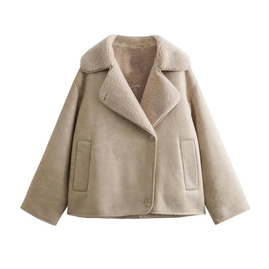 Serena | Veste Femme Oversize Marron à Large Col Revers, Boutonnée et Doublée Polaire