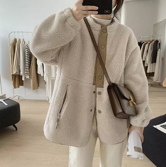 Yolande | Veste Femme Douillette Beige Boutonnée, Oversized Chic & Confortable
