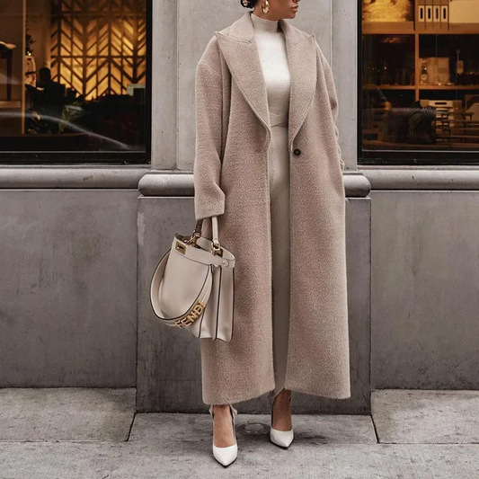 Hortense | Manteau Long Femme Oversize en Laine Mélangée, Large Revers Élégants