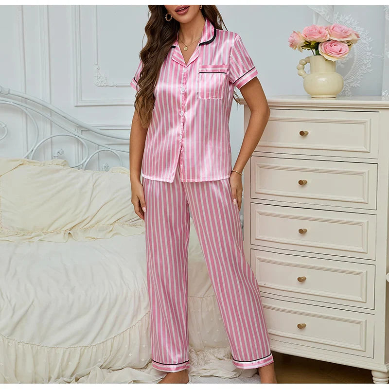 Marine | Pyjama Femme 2 Pièces Rose avec Chemise Rayée et Pantalon Confortable