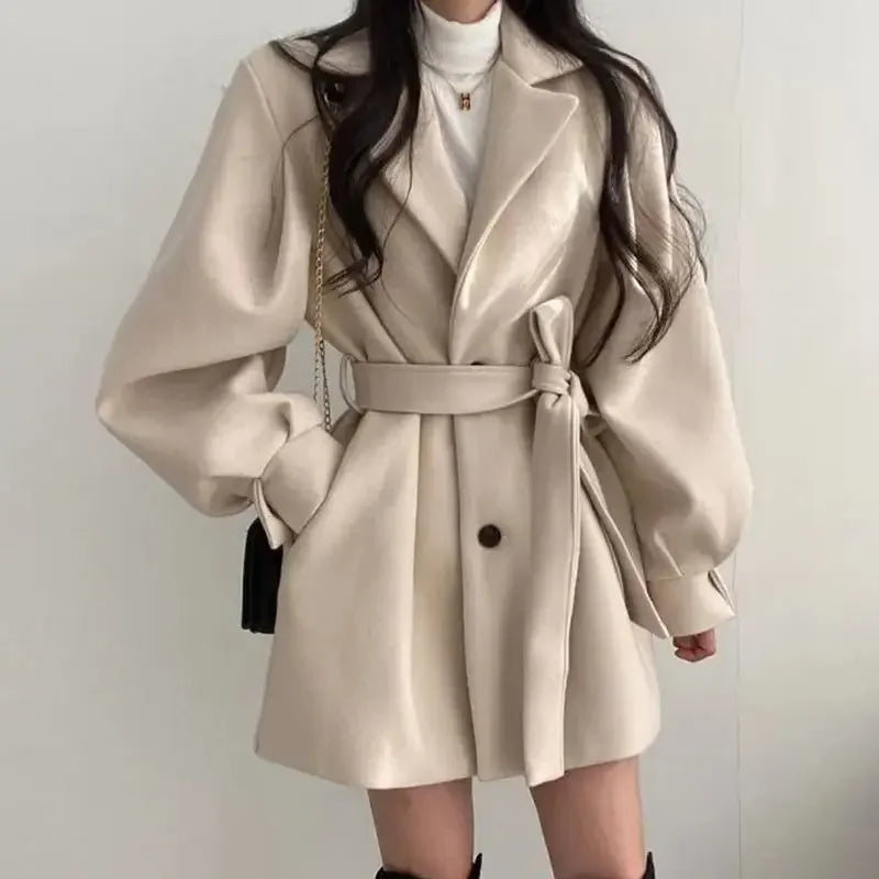 Stéphanie | Trench Coat Femme Élégant Ceinturé à Manches Bouffantes avec Boutons