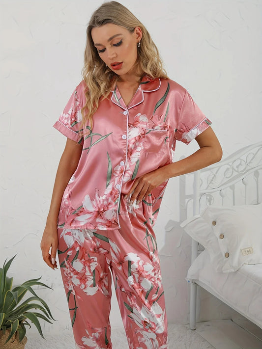 Marianne | Pyjama Femme 2 Pièces Rose avec Chemise Imprimé Floral et Pantalon Confortable