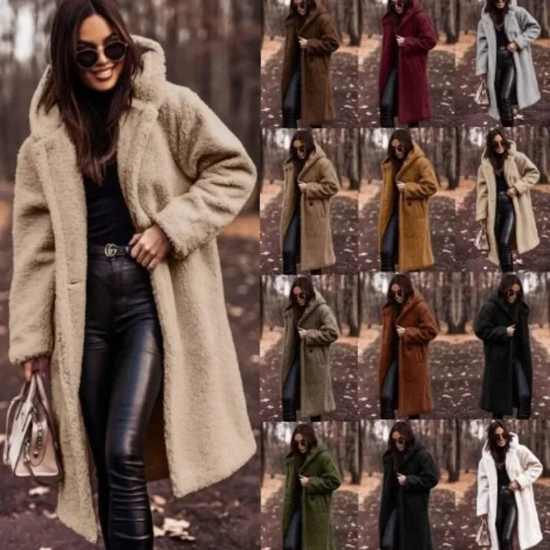 Carmeline | Manteau long femme en peluche avec capuche, confortable et chaud