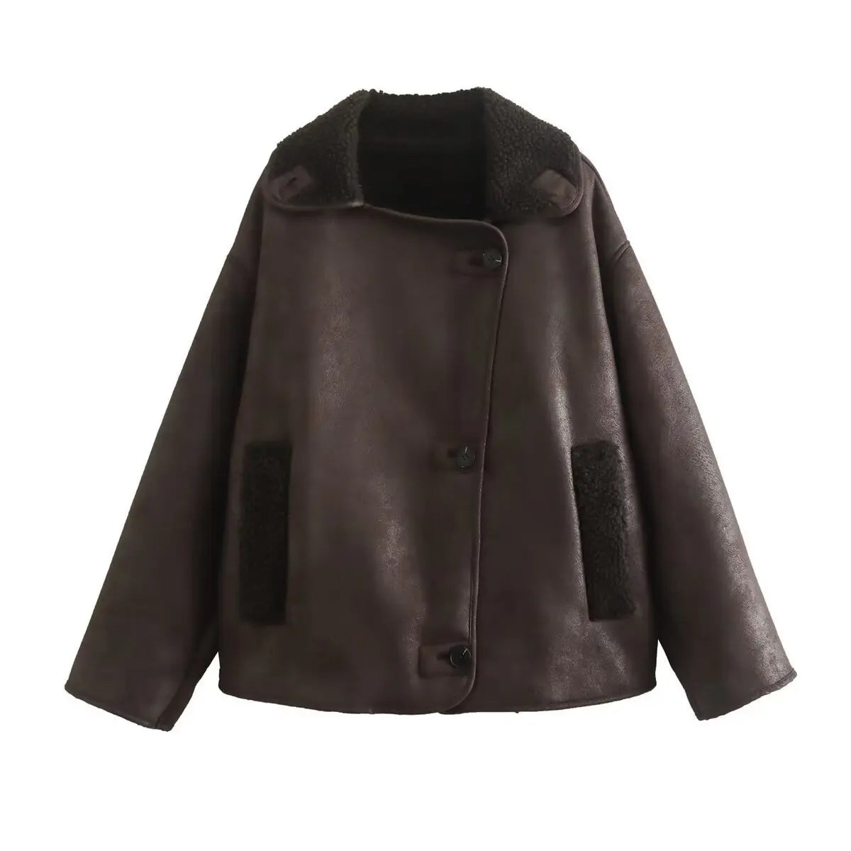 Serena | Veste Femme Oversize Marron à Large Col Revers, Boutonnée et Doublée Polaire