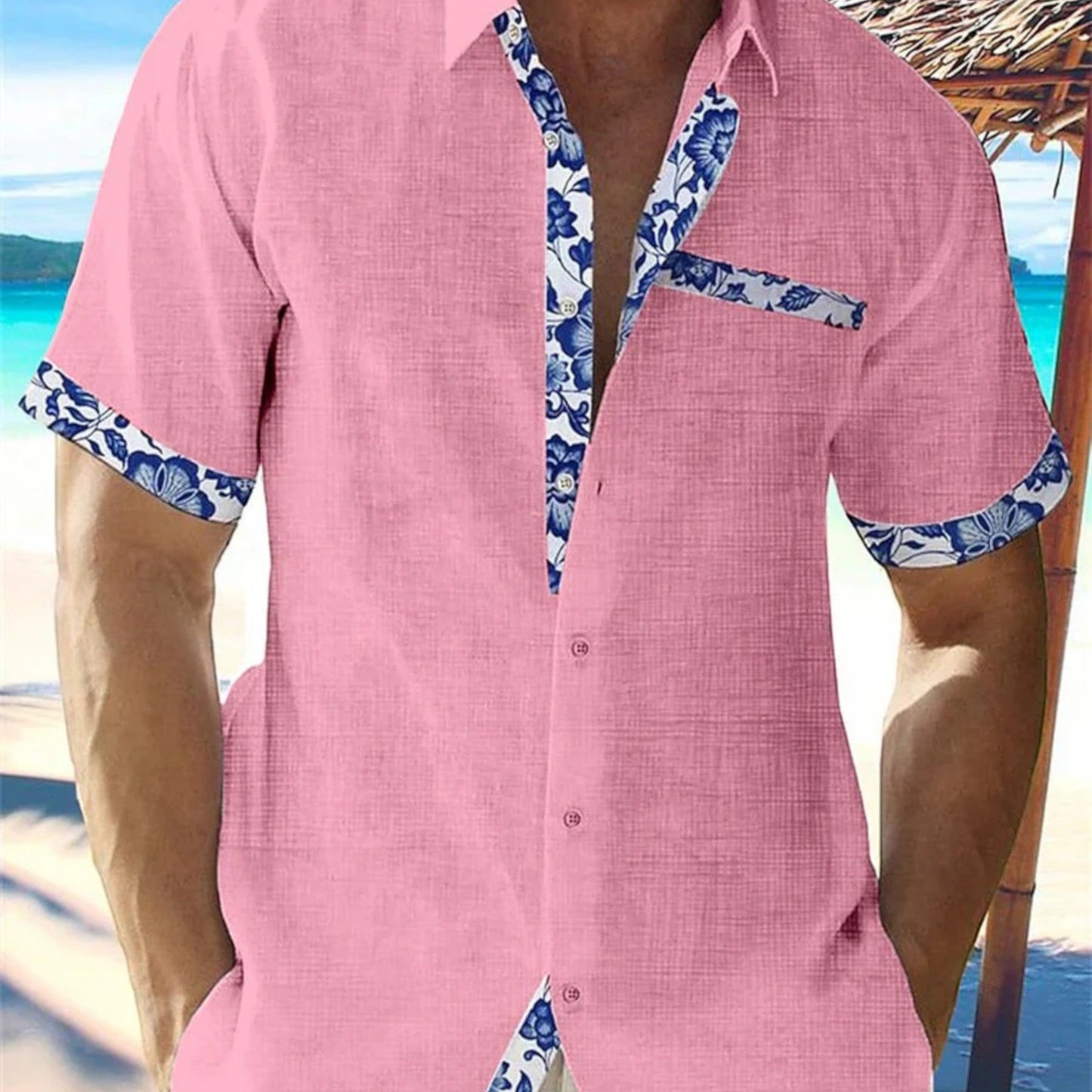 Niklas | Chemise Homme Été Lin Confortable Unie avec Détails Floraux Bleus Col Revers Boutonné