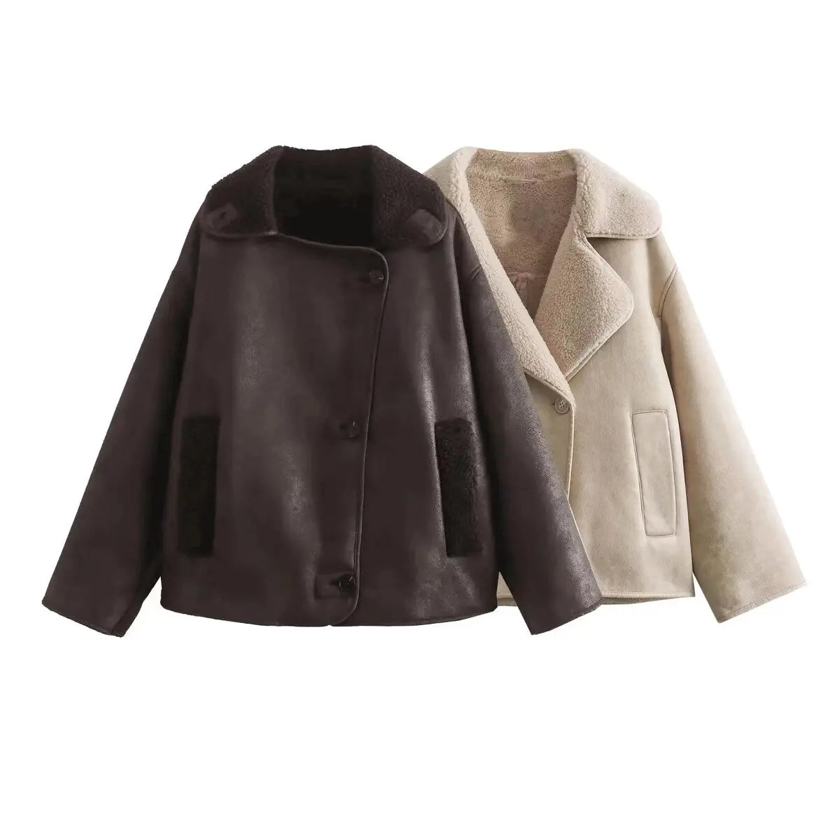 Serena | Veste Femme Oversize Marron à Large Col Revers, Boutonnée et Doublée Polaire