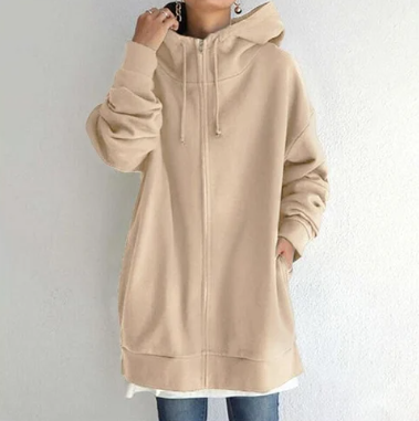 Ismérie | Veste à Capuche Femme Zippée Longue Coupe Ample avec Cordon, Style Décontracté & Confortable