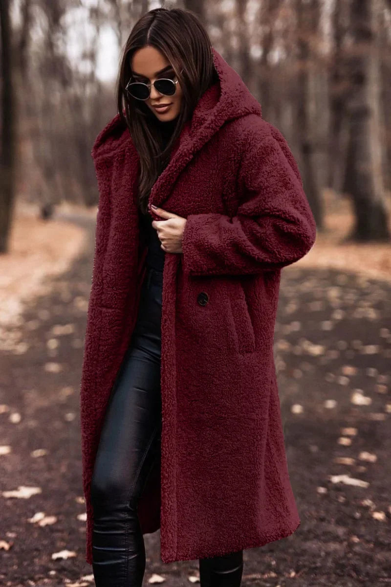 Carmeline | Manteau long femme en peluche avec capuche, confortable et chaud