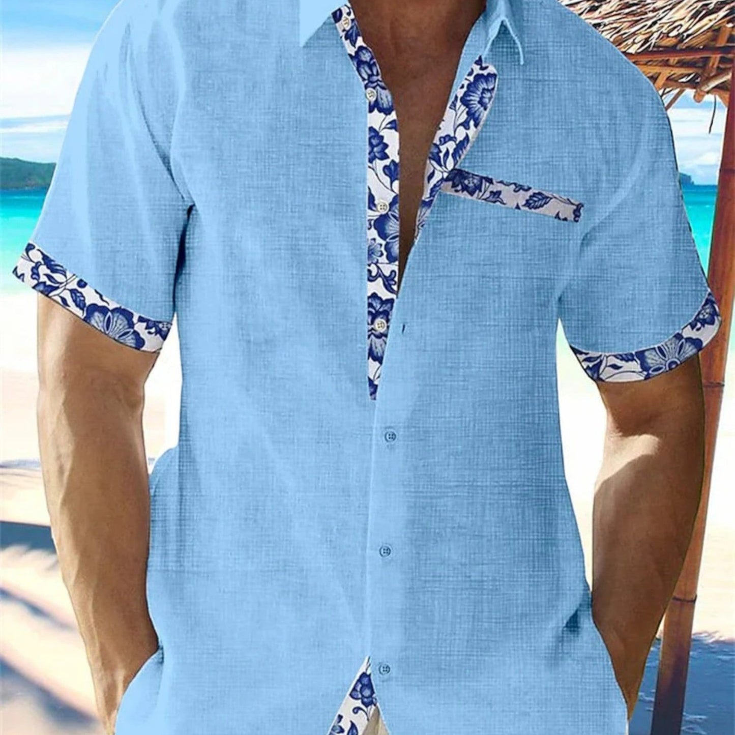 Niklas | Chemise Homme Été Lin Confortable Unie avec Détails Floraux Bleus Col Revers Boutonné
