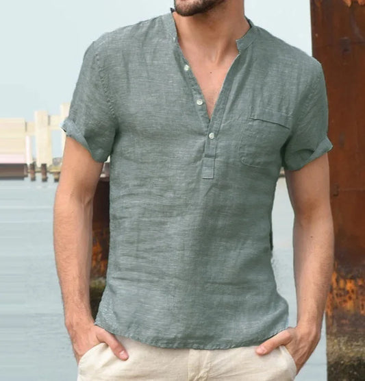 Alexis | Chemise Homme Lin Manches Courtes avec Patte de Boutonnage – Légère & Élégante