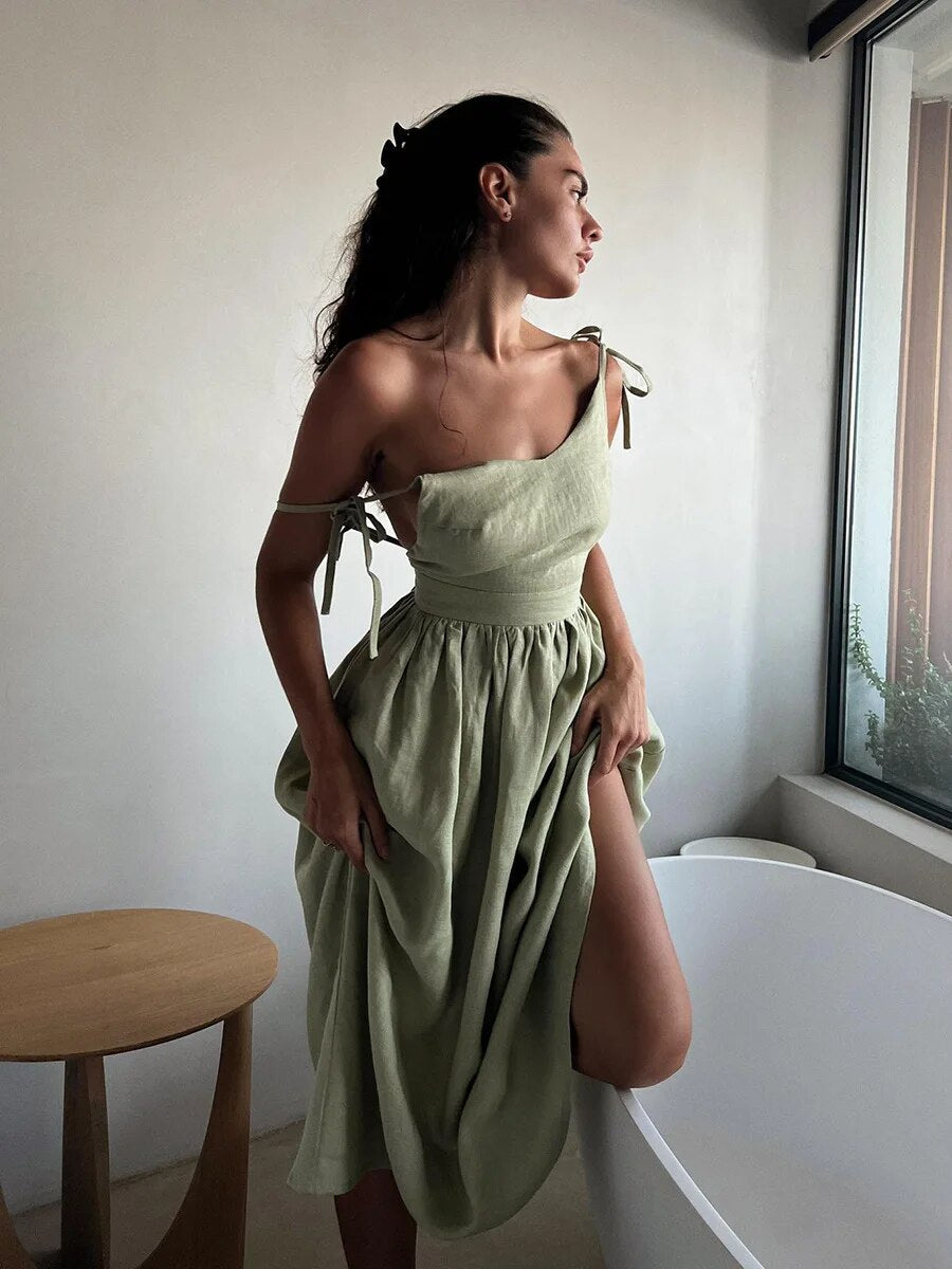 Madleine | Robe Longue d'Été en Lin - Dos Nu à Bretelles Spaghetti