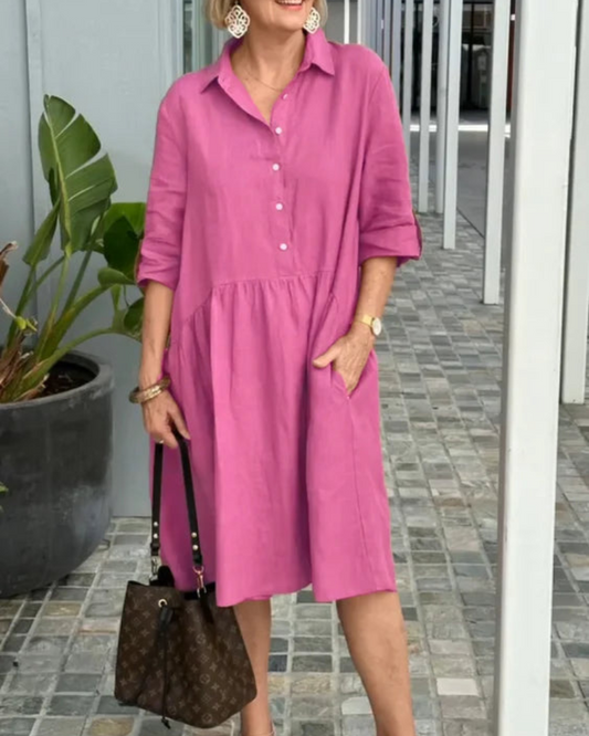 Floriane | Robe Midi Femme Lin Été Coupe Ample à Col Revers et Boutons avec Poches