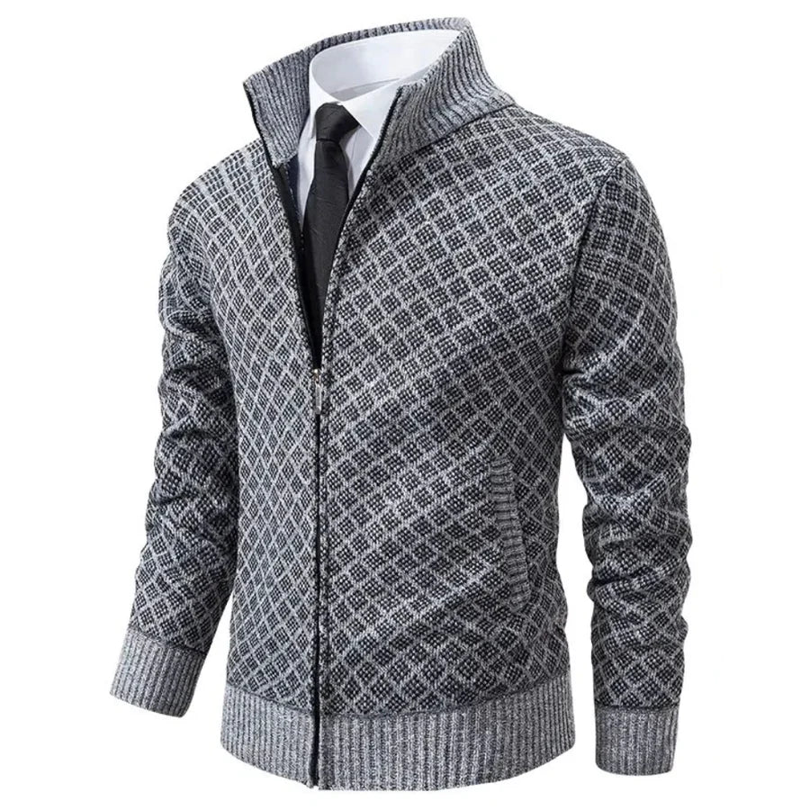 Classic Zip Cardigan Homme | Motif Géométrique Élégant et Confort Hivernal