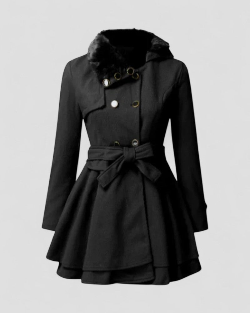 Thaïs-Marie | Manteau Hiver Femme Ceinturé à Double Boutonnage avec Col en Fourrure | Élégance Chic