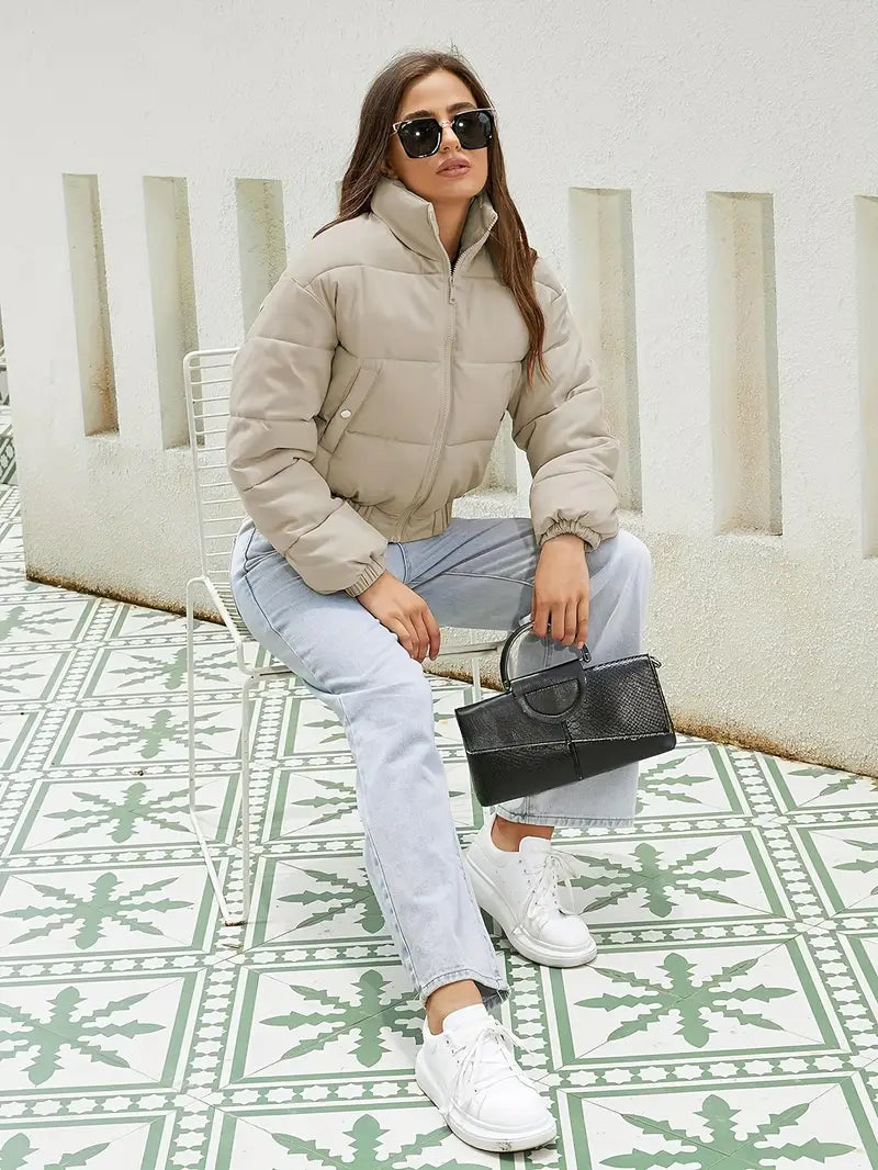 Noëlla | Veste Bomber Doudoune Femme Courte Beige avec Fermeture Éclair et Ourlet Élastique