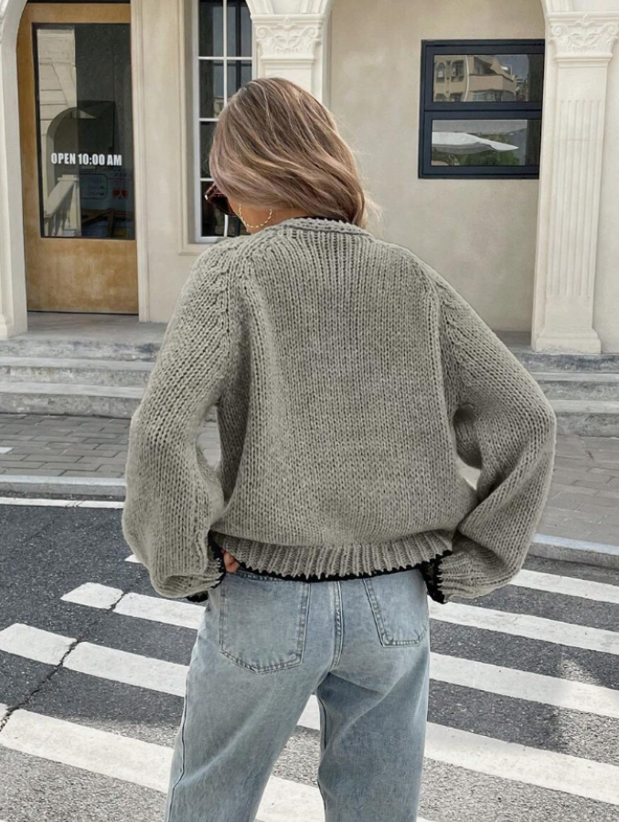 Ravianne | Cardigan Femme Noué Devant | Pull Court Tricot avec Bordure Contrastée