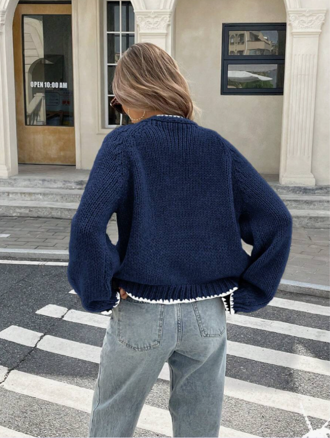 Ravianne | Cardigan Femme Noué Devant | Pull Court Tricot avec Bordure Contrastée