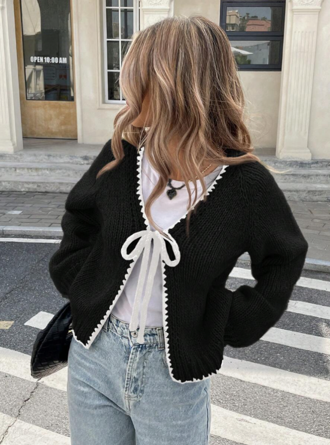 Ravianne | Cardigan Femme Noué Devant | Pull Court Tricot avec Bordure Contrastée