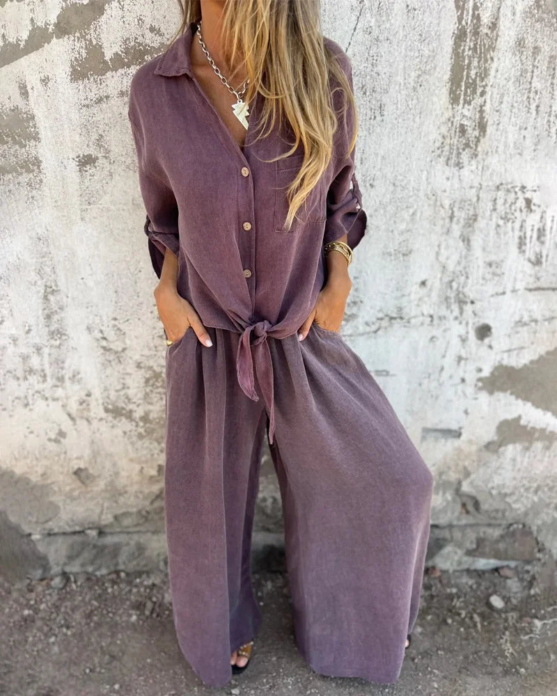Auroreline | Ensemble Deux-Pièces Décontracté Femme avec Blouse Boutonnée et Pantalon Large