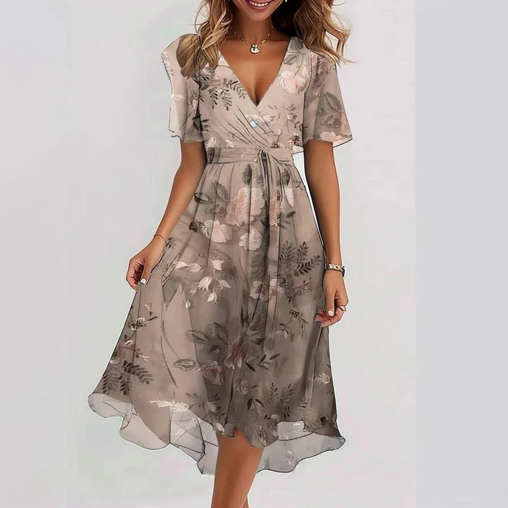 Eméline | Robe Midi Fleurie Femme en Chiffon, Col V Plongeant et Taille Cintrée