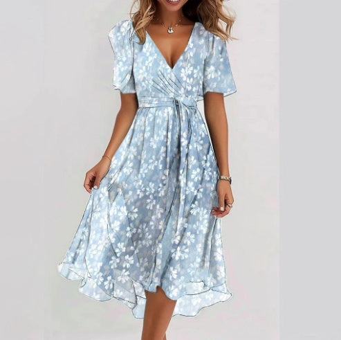 Eméline | Robe Midi Fleurie Femme en Chiffon, Col V Plongeant et Taille Cintrée