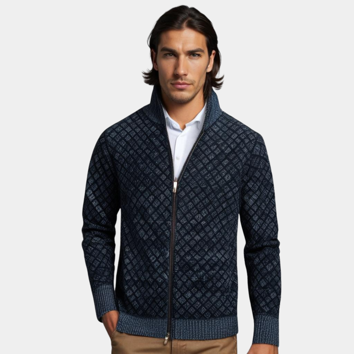 Classic Zip Cardigan Homme | Motif Géométrique Élégant et Confort Hivernal