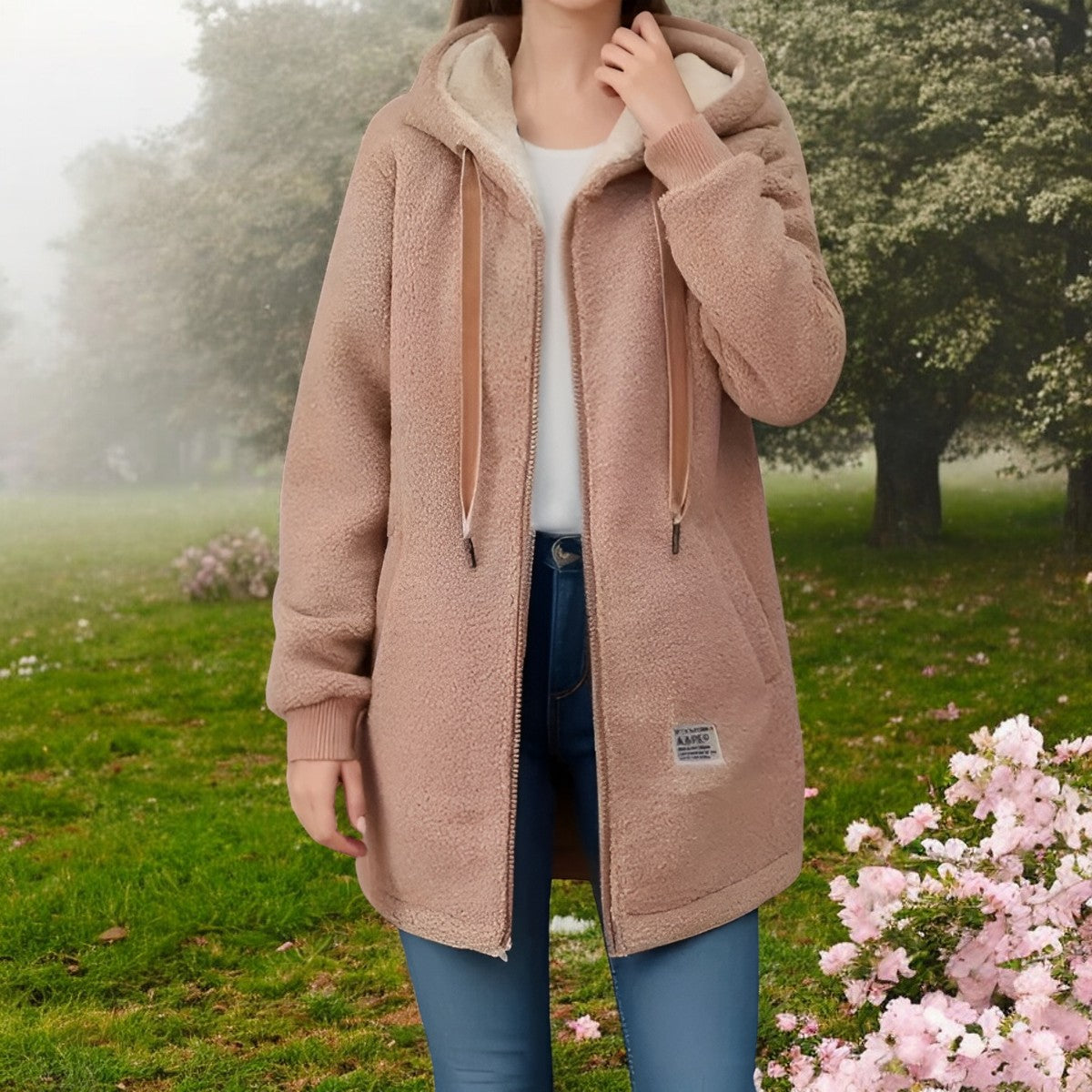 Odette | Veste Longue en Fleece Chaud à Capuche et Fermeture Éclair, avec Cordon de Serrage et Poches Latérales