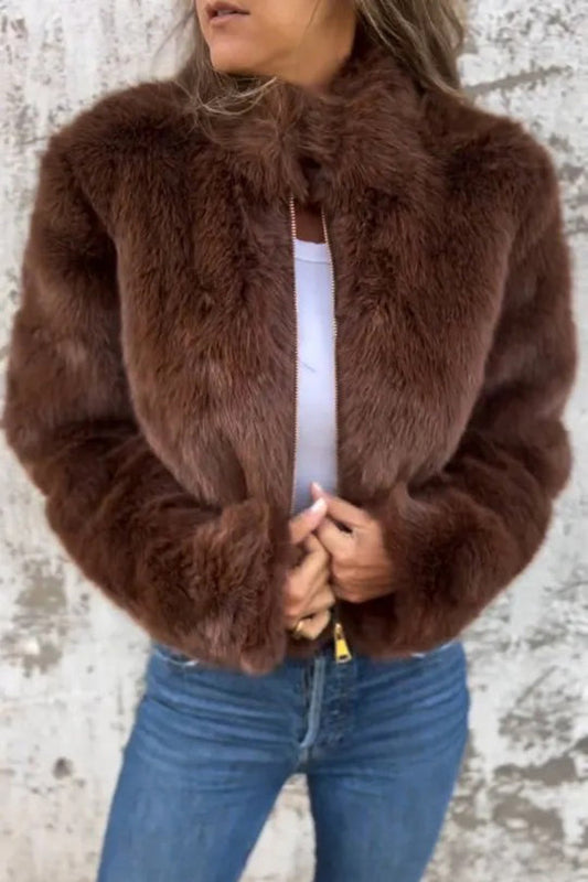 Béraldine | Veste Femme Mode en Fausse Fourrure à Col Montant et Fermeture Éclair