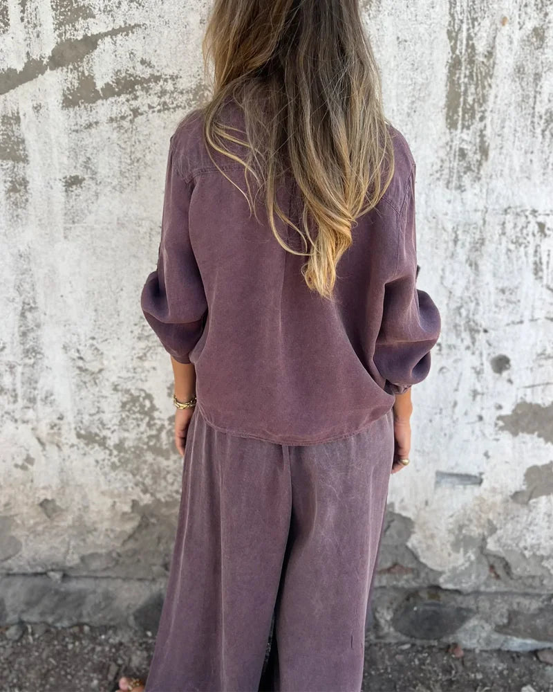 Auroreline | Ensemble Deux-Pièces Décontracté Femme avec Blouse Boutonnée et Pantalon Large