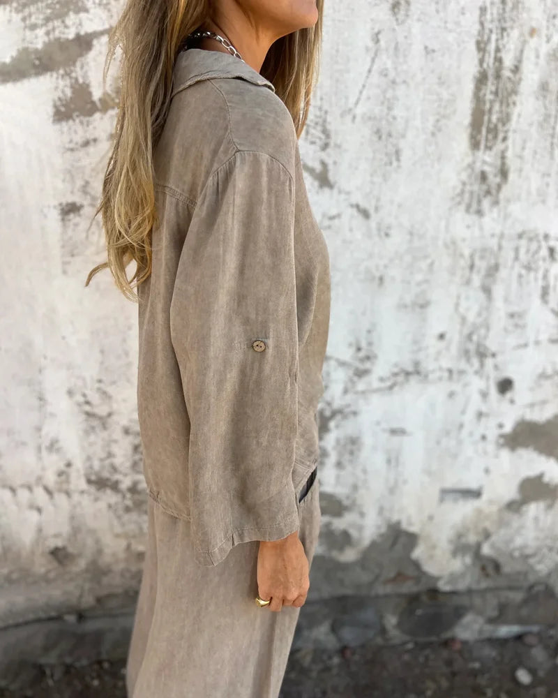 Auroreline | Ensemble Deux-Pièces Décontracté Femme avec Blouse Boutonnée et Pantalon Large